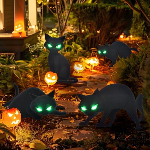 Lighted Black Cat Decor Yard Signs, 4 PCS Halloween Decorations...