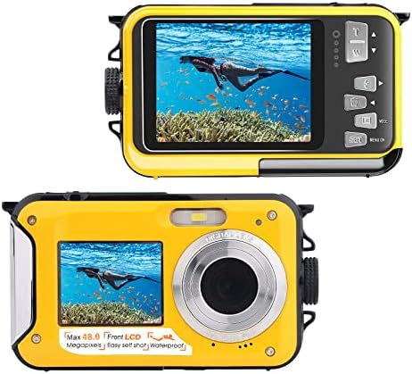 Upgraded Waterproof Digital Camera, 48MP 2.7K 16X Zoom Dual Screen Waterproof Camera, 10FT Underwater Camera for Snorkeling – Yellow