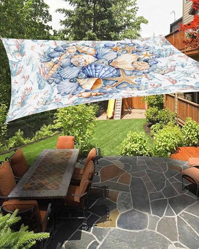 Blue Coastal Shell Sun Sail Shades Rectangle Canopy,Sunlight Block Heavy Duty Curved Backyard Shade Cover,Waterproof Sun Shades for Patios Outdoor,6.5'x10' Nautical Coral Ocean Conch Teal Seaweed