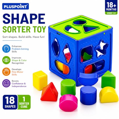 Image of PLUSPOINT Shape Sorter Toy for Kids 1-3 Years | Montessori Educational Learning Toy | 18 Colorful Shape Blocks & Sorting Cube | Shape & Color Recognition | Gift for Boys & Girls