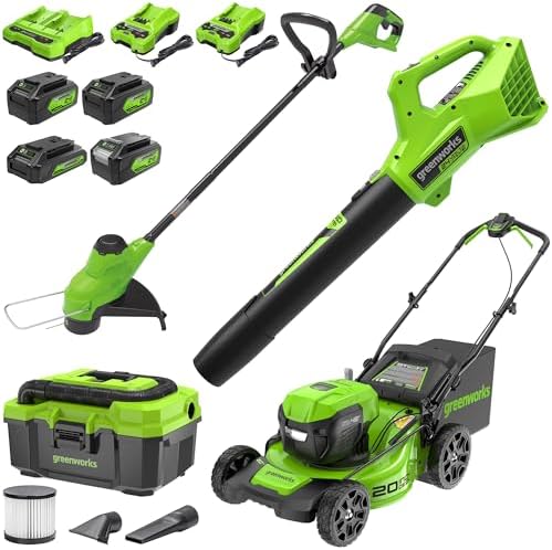 Greenworks 48V (2x24V) Lawn Mower Combo Kit with 20" Steel Deck, 12" String Trimmer, 320 CFM Blower, Wet/Dry Shop Vacuum – All-in-One Cordless Combo: Ideal for Home Yard Work & Indoor Cleaning
