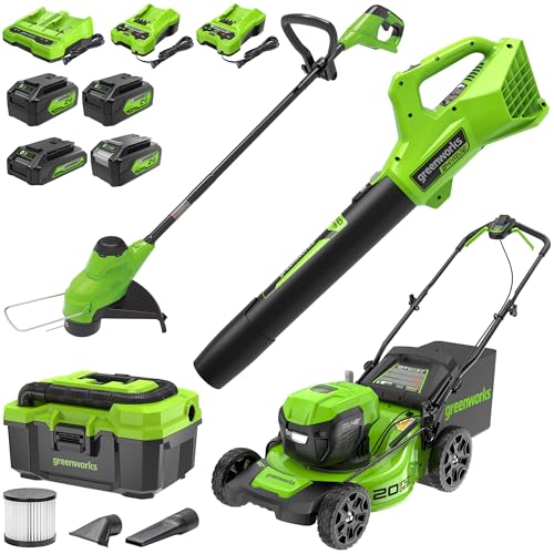 Greenworks 48V (2x24V) Lawn Mower Combo Kit with 20' Steel Deck, 12' String Trimmer, 320 CFM Blower, Wet/Dry Shop Vacuum – All-in-One Cordless Combo: Ideal for Home Yard Work & Indoor Cleaning