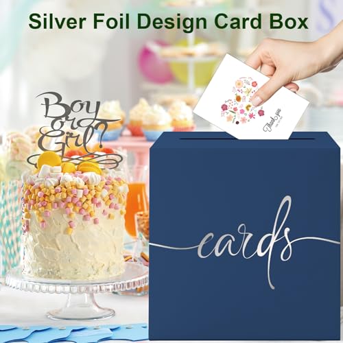Image of Navy Blue Card Box with Silver Foil Design, Paperboard 8.7 inch Card Box for Birthday Wedding Party Graduation Retirement Anniversary Valentine's Day & Baby Showers, Raffle or Money Box