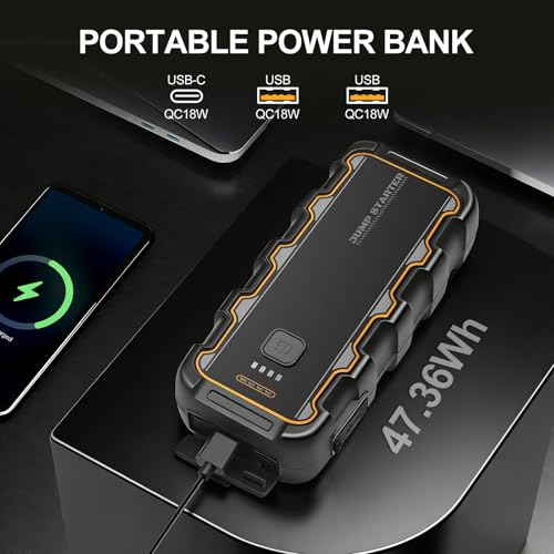 Miniatura 7 de Arrancador de Batería de Coche 7000A, para Gas 8.0L/Diésel 6.0L, 12V Arrancador de Coche Portátil con Carga Rápida USB y Pinzas para Batería, Funciona en Frío Extremo, para Auto, Moto, Bote, Camping