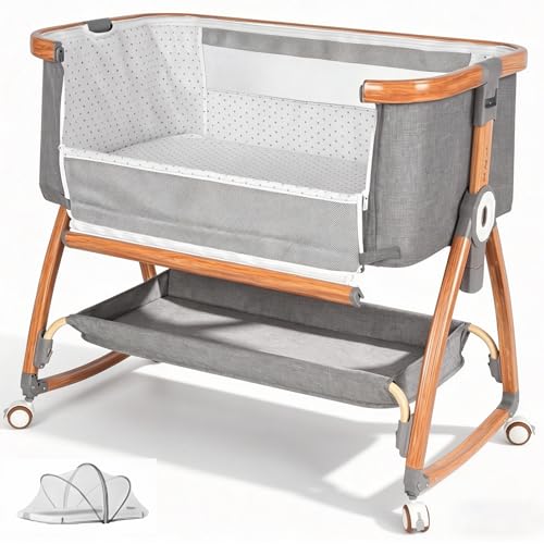 OnBetter 3-in-1 Bedside Bassinet for Newborn, Baby Bassinet & Bedside Sleeper with Rocking Mode, 6-Height Adjustable, Wheels, Storage Basket and Mosquito Net, Portable Infant Crib, Grey