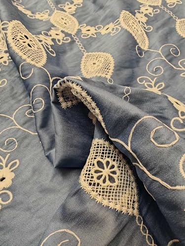 Tissu denim 100% coton de haute qualité brodé de fleurs blanches élégantes - 3