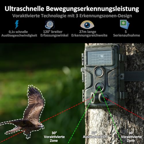 GardePro A3S Wildkamera 64MP 1296P H.264 Video Wildtierkamera mit Klarer 30m No Glow Infrarot, 0.1s...