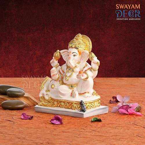 Image of Creating Ambiance Polyresin Marble Ganesh Idol, Vinayaka Statue | Auspicious Ganpati Murti For Living Room & Home Decor - Ganesh Idol For Diwali - Gold & White (6 Inches, Fantasy)