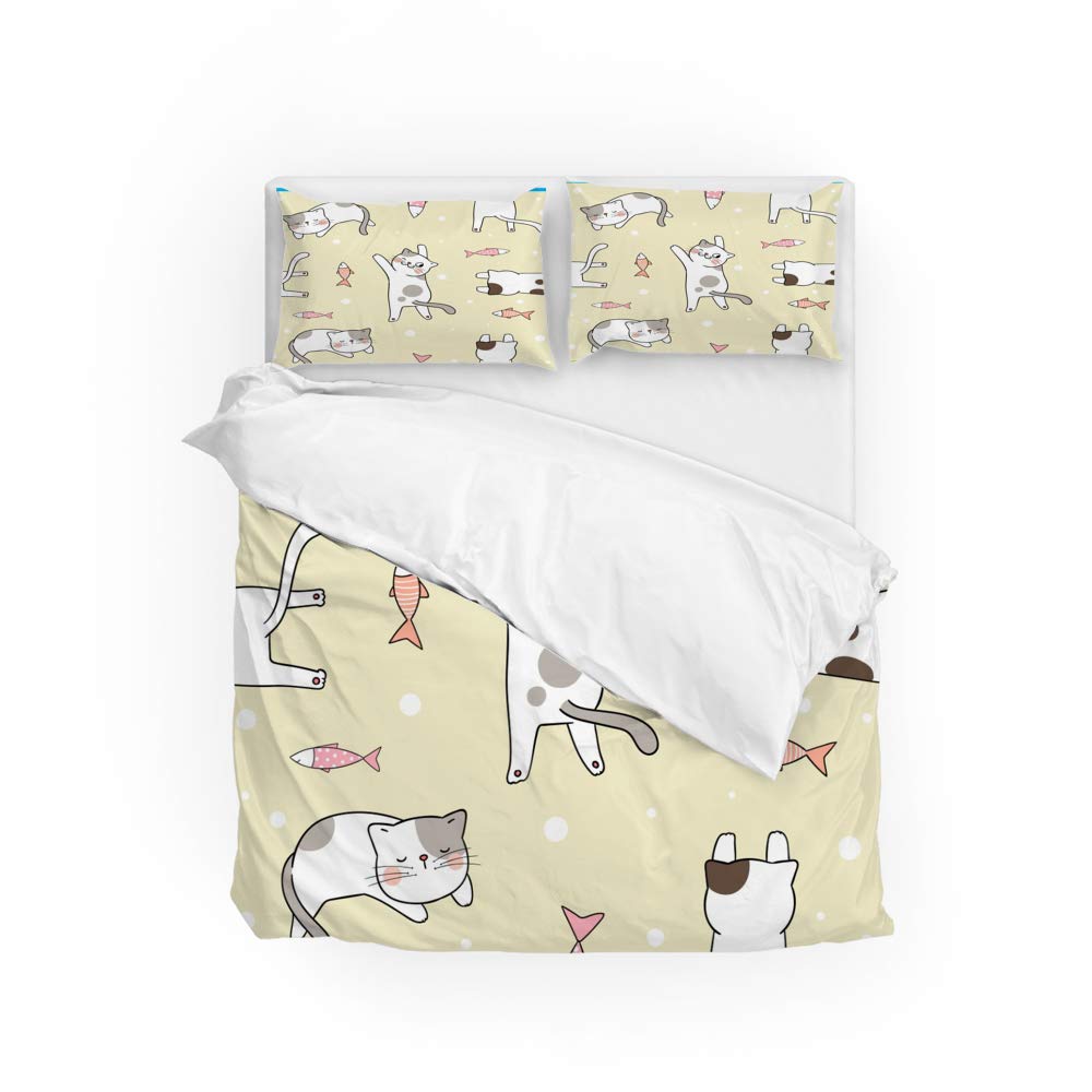 Housse de couette 2 personnes microfibre souple parure de lit imprimé chat poisson polyester