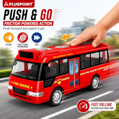 Image of PLUSPOINT Fire Rescue Bus Toy for Kids | Friction Powered Push & Go Vehicle with Lights, Sounds & Opening Doors | Durable Rescue Bus Pretend Play Toy for Boys, Girls & Toddlers