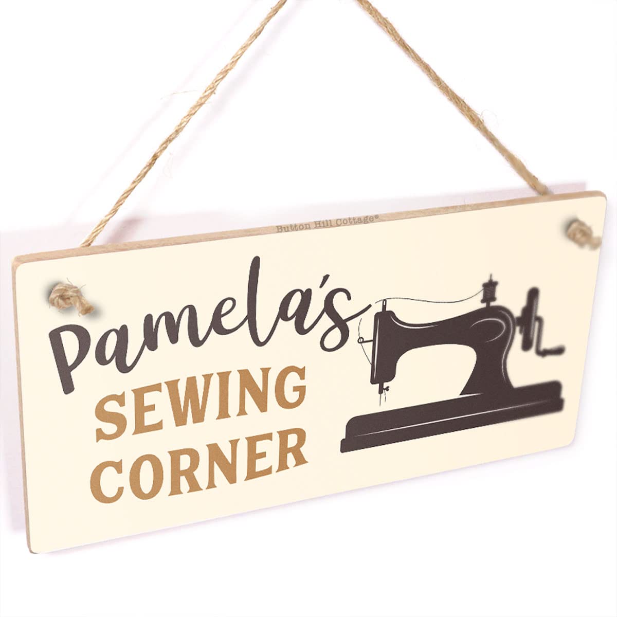Personalised Sewing Corner Sign - Hanging Plaque Seamstress Quilting Dressmaking Room Door Vintage Style Sewing Machine Illustration