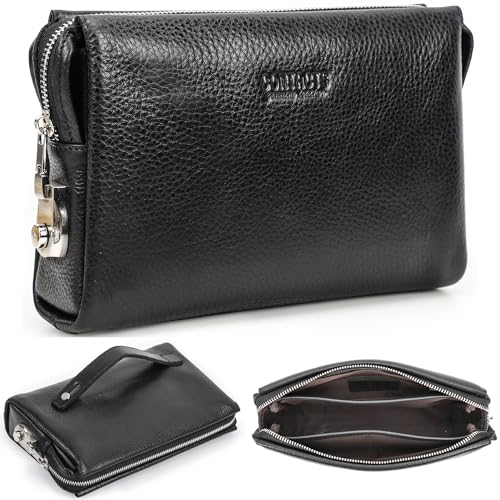 Image of Top Grain Genuine Leather Handbag Wallet for Man & Woman, Handmade Retro Design, Combination Lock & Retractable Hand Strap & Multi Pockets /Slots, Portable RFID for Cards /Checks /Phone /Banknote, Black
