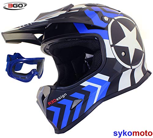 CASCO DE MOTO 3GO X15 AZUL SUPERCROSS AZUL NIÑOS RAYAS ESTRELLA TRAIL DIRT PIT MINI BICI CON GAFAS AZULES (3X-Small)