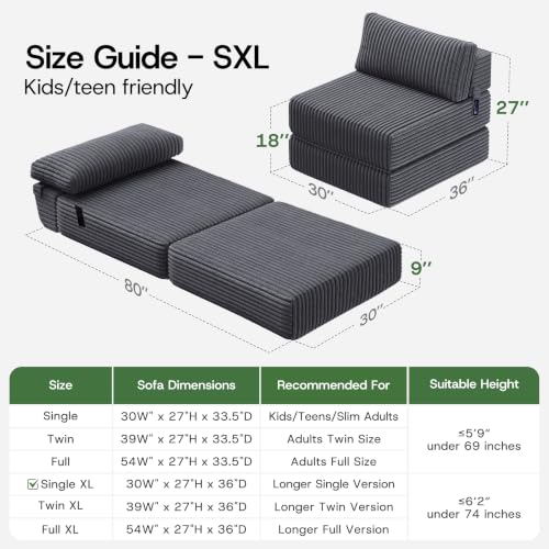 Image of Convertible 4-in-1 Folding Sofa Bed Boneless Sleeper Chair Couch Foldable Chaise Lounger & Mattress Pocket Coils+Foam Fill Medium Support, No Assembly for Living Room /Bedroom, Single XL