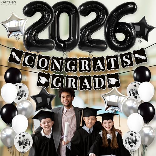 Image of KatchOn, Black and Silver Graduation Decorations 2026 Set - Huge, Pack Of 43 | 2026 Balloons, Congrats Grad Banner | Black Graduation Decorations 2026 | Black and White 2026 Graduation Decorations
