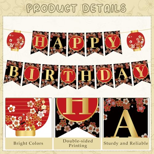 Image of Hibachi Birthday Party Decorations - 12 Pcs Pre-Strung Red Black Gold Cherries Flower Banner, Japanese Style Chinese Lanterns Decor Paper Flowers, Happy Birthday Party Supplies for Men Women