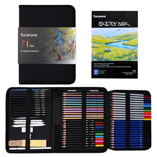 Yucanuva 71 crayons dessin,fournitures artistiques pour adultes, artistes et débutants, kit de dessin avec carnet de croquis,crayons de couleur