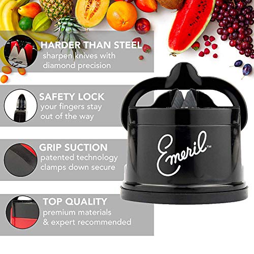 Emeril 17-Piece Knife Block Set + Tungsten Carbide Knife Sharpener with Suction Pad (Black) - Emeril Lagasse Cutlery Set with Stainless Steel Blades - Perfect Kitchen Knives for Produce and Sandwiches