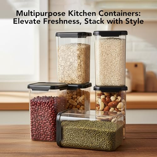 Image of Plastic Airtight Containers Set For Kitchen Storage And Containers Box For Pantry Organization And Container (1100ml, Black And Transparent) Set of 6