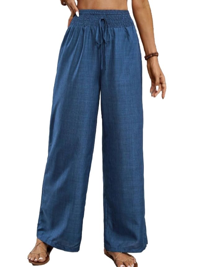 Womens Teacher Outfits Casual Pants Trendy Flowy Wide Leg Pull On Elastic Waist Long Beach Lounge