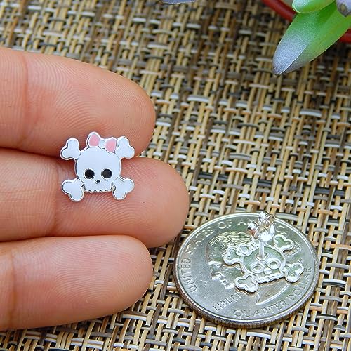 925 Sterling Silver Small Skull & Crossbones w/Pink Bow Stud Earrings 251952