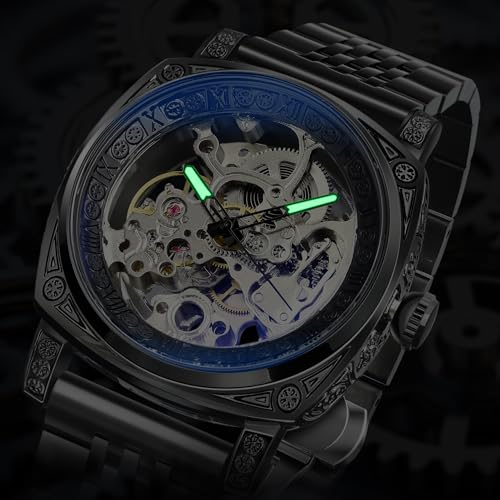 Image of FORSINING Fancy Watches for Men, Square Retro Mechanical Watch Self-Wind Carved, Gear Movement Golden Skeleton Automatic Watches Vintage Leather Strap Wrist Watch