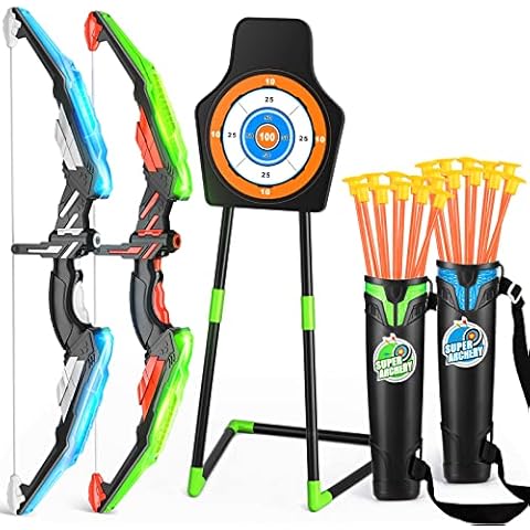 TMEI 2 Pack Bow and Arrow for Kids -Light Up Archery Toy Set -Includes 2 Bows, 20 Suction Cup Arrows & 2 Quivers & Standing Target, Outdoor Toys for Kids Boys Girls Cover