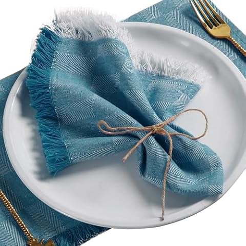 Native Fab Herringbone Cloth Napkins 16x16 inches, 100% Cotton Dinner Napkins with Fringes, Set of 12, Machine Washable Cloth Napkins, Soft Breathable Absorbent, Teal Green Cover