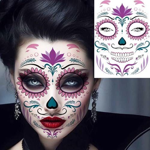 Image of 8 Sheets Day Of The Dead Face Tattoos Halloween Temporary Tattoos Sugar Skull Catrina Makeup Kit, Realistic Sugar Skull Face Mask Fake Tattoo Stickers Mexico Halloween Masquerade Party Favor Supplies