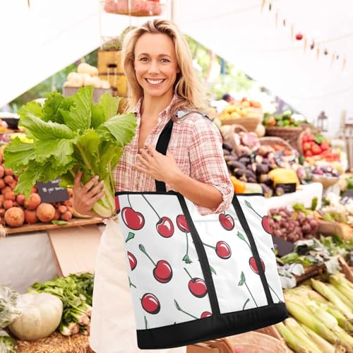 Large Insulated Tote Bag Cute Cherry White for Grocery Shopping Reusable Tote Bags for Women Men, Cooler Bag with Zippered Top & Handles for Beach Picnic Travel2