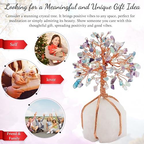 Image of Fluorite Crystal Tree of Life Natural Quartz Stone Base 5-6 inch Spiritual | Gemstone for mediataion Feng Shui Home Decor Chakra, Copper Wire Money Bonsai, Healing Stones, Luck Charm Gift For women