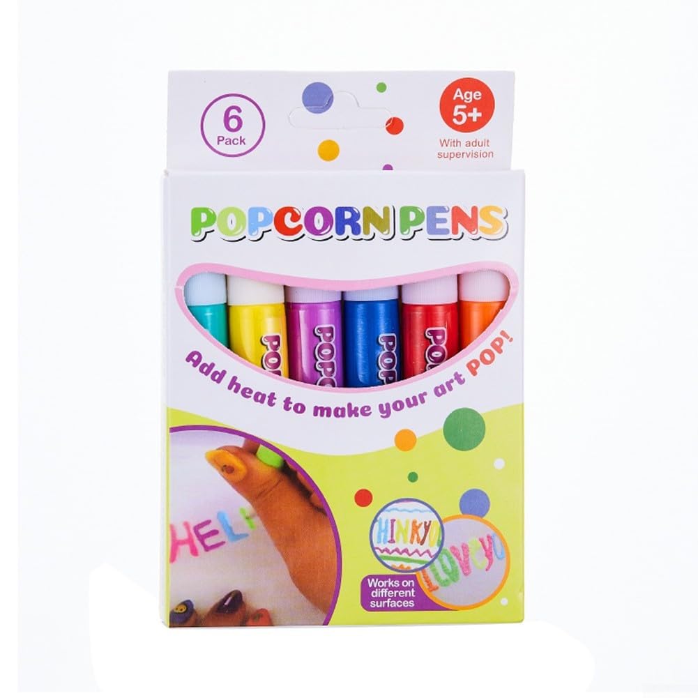 6-Pack DIY Popcorn Bubble Markers for Kids, 3D Puffy Pens for Birthday Party For Favors and Crafts, Heat-Activated Tactile Art Supplies(English)