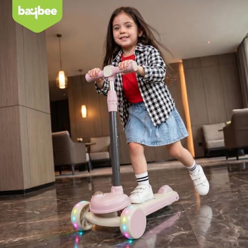 Image of Baybee Vector Baby Premium Kick Scooter for Kids with 4 Height Adjustable | Foldable Kids Scooter with RGB Light, Music | Skate Scooters with Rear Brake | Runner Scooters for Kid 2 to 10 Years (Pink)