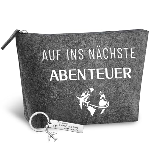 Reise Geschenk Set, Glücksbringer Reise Filz Kosmetiktasche und Flugzeug Schlüsselanhänger, Weltreise Geschenk für Reisende, Reise für Globetrotter, Abenteurer, Piloten, Reisende