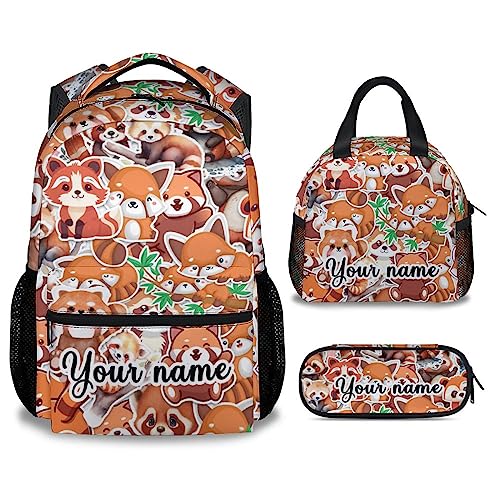 Personalized Red Panda Backpack with Lunch Box and Pencil Case for Girls Boys, 16 Inch School Bookbag with Adjustable Straps, Travel Bag Durable, Lightweight, Large Capacity