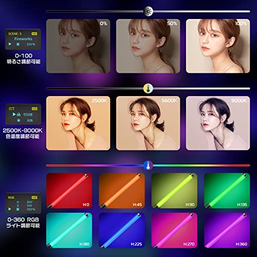 Ulanzi LEDビデオライト 360°RGB撮影用ライト ハンドヘルドライト 2500-9000K色温 2600mAh Type-C充電式 20種FXモード 無段階調光 バーライト 撮影照明ライト 1/4インチネジ穴付き 高輝度 商品撮影/LEDスタジオ撮影/YouTube/Tiktok/ビデオ撮影に適用可能 軽量 持ち運び便利 日本語説明書付き VL119 RGB