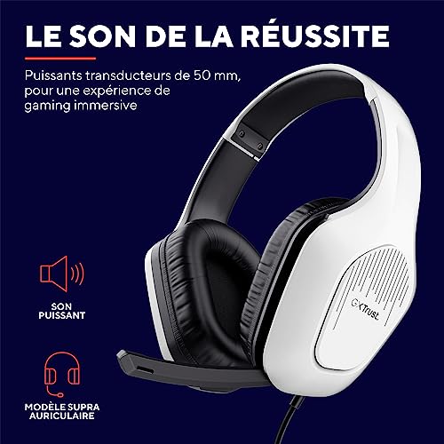 Trust Gaming GXT 415W Zirox Casque Gaming Léger avec Transducteurs 50 mm pour PC, Xbox, PS4, PS5, Switch, Mobile, Audio Jack 3.5 mm, Câble de 2 m, Casque Gamer Filaire Over-Ear avec Micro - Blanc