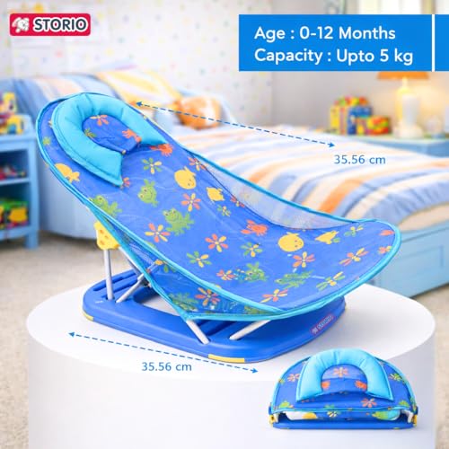 Image of Storio Newborn Baby Bather | Foldable 3-Position Adjustable Bath Chair for Infants 0-12 Months | Anti-Skid Base | Soft Washable Mesh Seat | Comfortable & Safe Bath Support for Babies up to 5Kg - Blue