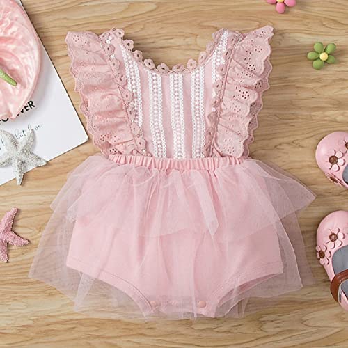 Baby Girl Lace Romper First Birthday Dress Toddler Kids Bohemian Cake Smash Outfit Party Christening Baptism Wedding Clothes Rustic Vintage One-Piece Bodysuit With Flower Headband Pink 3-6 Months #TOP1