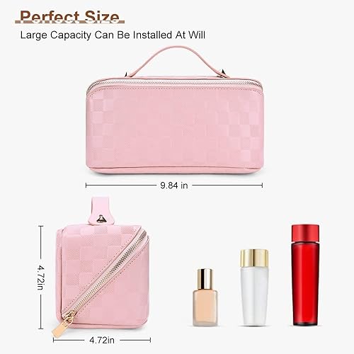 Miniatura 8 de Bolsa de cosméticos de viaje de gran capacidad bolsa de maquillaje a cuadros portátil de cuero impermeable bolsa para el cuidado de la piel con asa