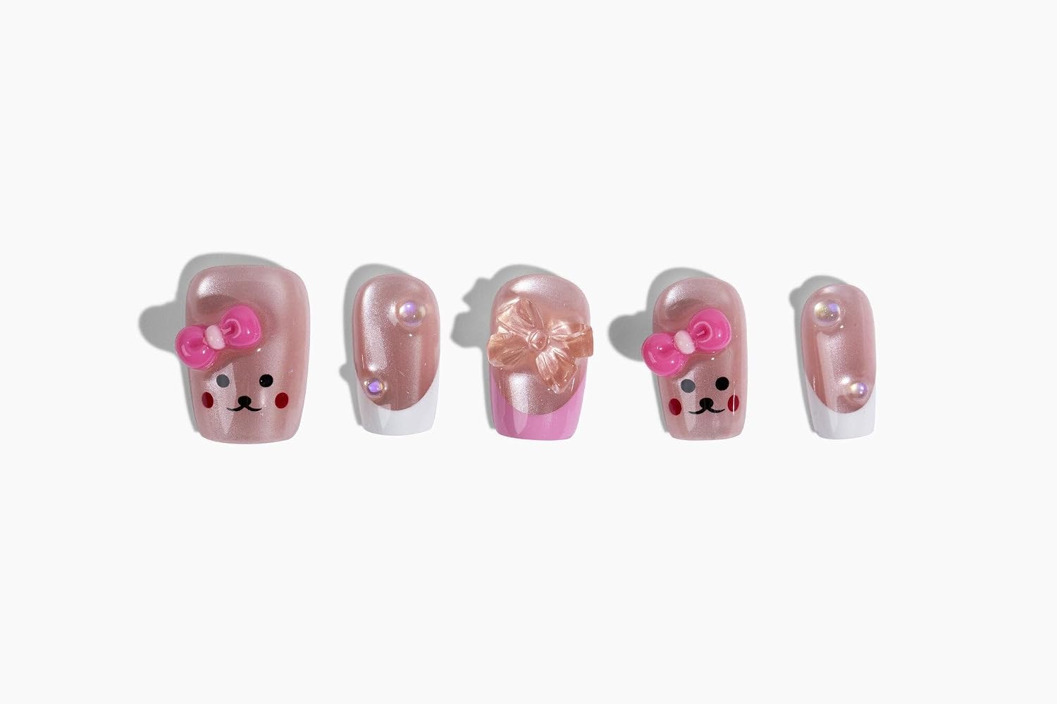 Sixaloa Pink Bear Press on Nails, Cute Kawaii Almond Fake Nails with 3D Bows, Chrome Glossy Reusable Glue on Stick on Acrylic False Nails for Women & Girls, Coquette Nail Kit Gift, Full Set of 10
