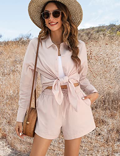 Aoulaydo Women’s Cotton Linen Set 2 Piece Outfit Summer Short Sleeve Top And Shorts Sweatsuit Set #TOP1