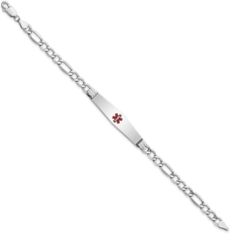 Engravable Personalized Custom 14K White Gold Solid Medical Soft Diamond Shape Red Enamel Figaro ID Bracelet For Men or Women Length 7 inches Width 9 mm With Lobster Claw Clasp