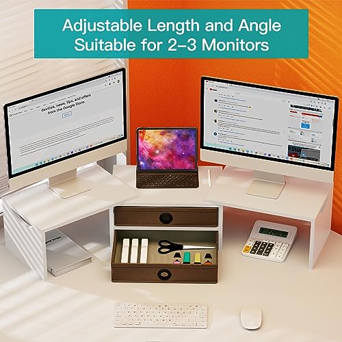 Zimilar Dual Monitor Stand Riser with 2 Drawers, Wood Monitor Riser for 2 Monitors, Length and Angle Adjustable Monitor Stand with Storage, Desktop Organizer Stand for Computer,Laptop,Printer