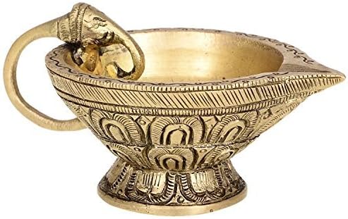 Purpledip Unique Brass Arti Deepak with Handle of Elephant Head, Indian Gift Item (10221), Brown, Standard