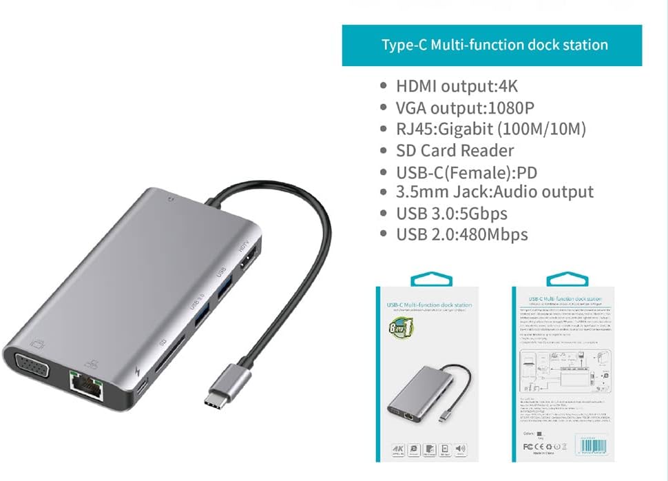 8 in 1 USB Type C Hub with Gigabit Ethernet 4K HDMI VGA USB 3.0 USB 2.0 PD100W SD
