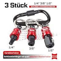 Geinxurn 3-teiliges Stecknuss Adapter Set mit Schlüsselring, 1/4" 3/8" 1/2" Antrieb, Schnellwechsel Stecknuss Organizer für Vierkantadapter, für Handwerker, Elektriker, Bau und Außeneinsatz – Ansicht 2