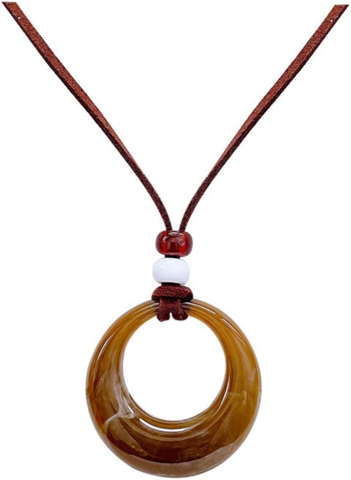 Kokoma Hollow Round Pendant Long Necklace for Women Vintage Brown Circular Stacking Necklace Brown Rope Fashion Jewelry