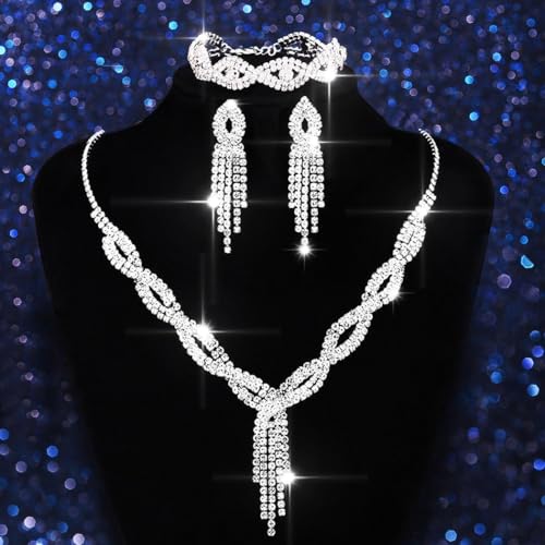 GORAIS Wedding Jewelry Sets Rhinestone Necklace Silver Bridal Prom Jewelry Set for Women and Brides2