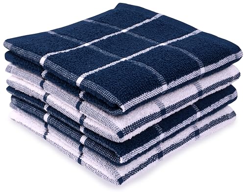 MALLOWEX Terry Kitchen Dish Cloth Set of 4 | 12 x 12 Inches | Super Soft and Absorbent Dish Towels |100% Cotton Dish Rags for Drying Dishes | Quick Drying Kitchen Towels | Navy Blue